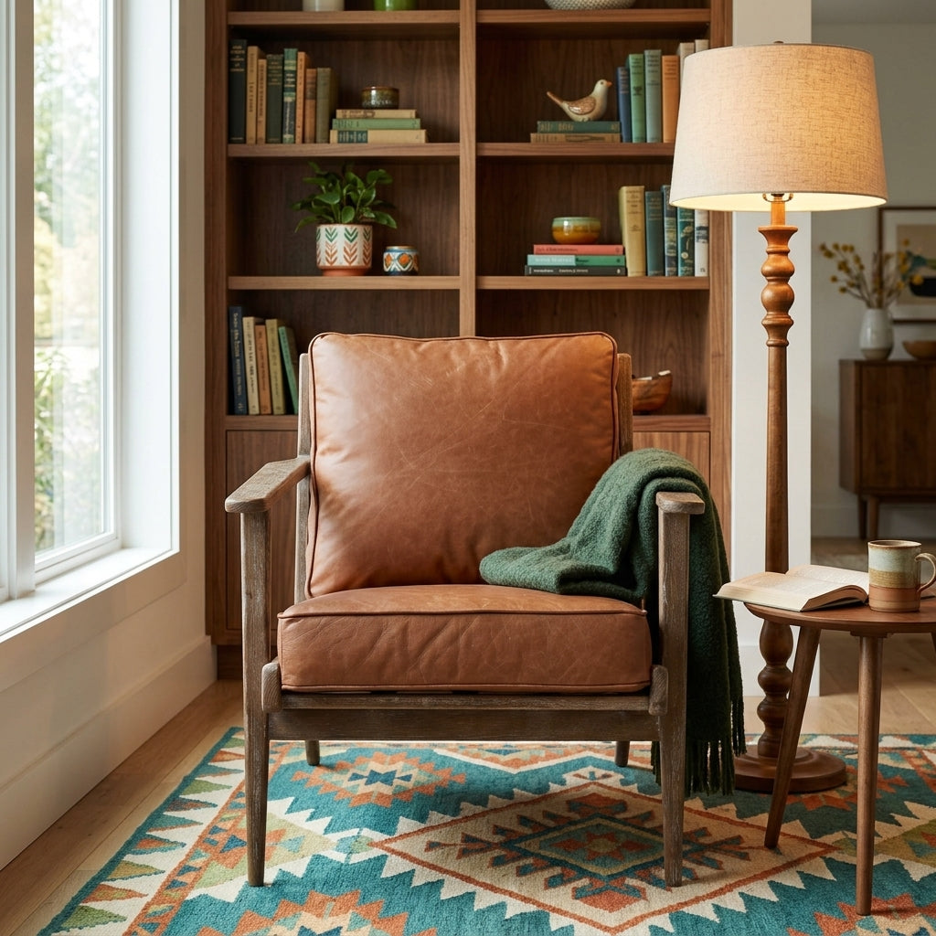 Junior Arm Chair in Saddle Brown styled in a bright Portland room - Whats New Furniture