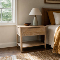 Kamelia Nightstand in Sand styled in Portland St. Johns bungalow bedroom - Whats New Furniture