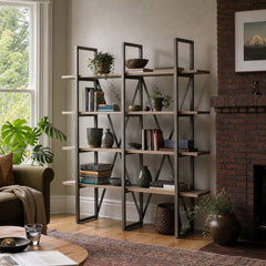 Kenya Large Bookcase in Salvaged Grey styled in Portland NW 23rd Victoriwith bay window living room - Whats New Furniture