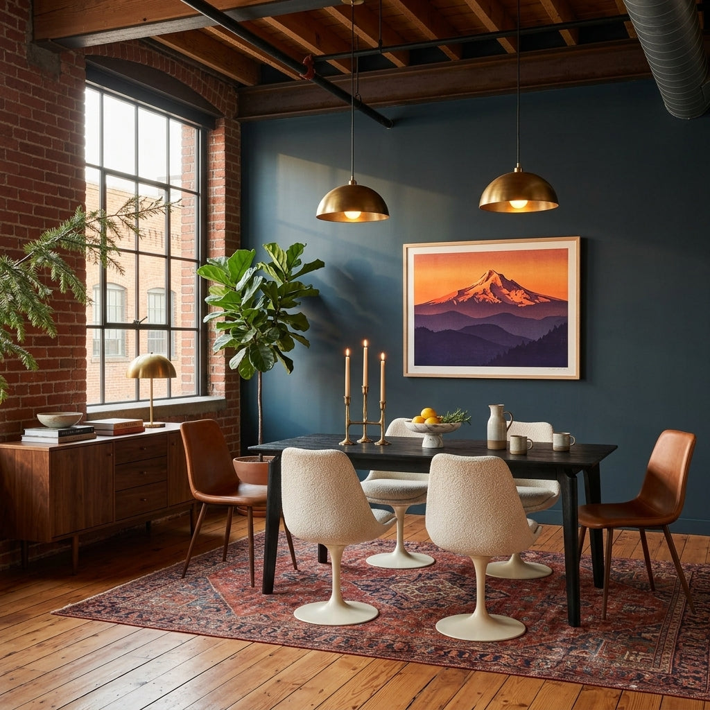 Kenzo Dining Table in Black mango wood styled in a Pearl District Portland loft with brick wall and Mt Hood print - LH Imports - Whats New Furniture Portland OR