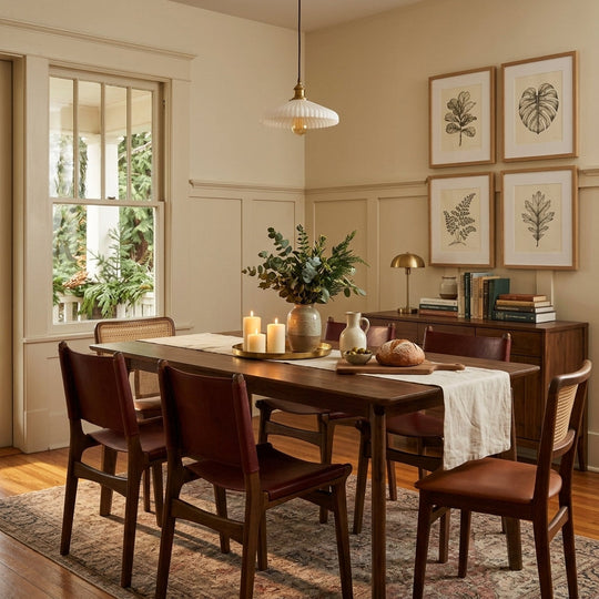 Kenzo Dining Table in Brown mango wood styled in a Portland Tudor dining room with leather chairs and Persian rug - LH Imports - Whats New Furniture Portland OR