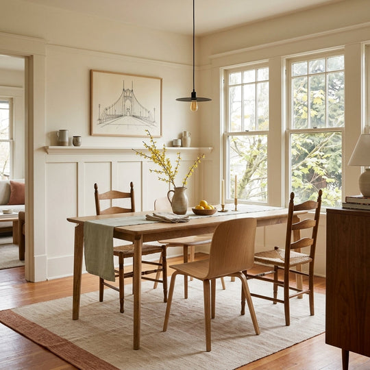 Kenzo Dining Table in Natural mango wood styled in a 1920s Portland Craftsman dining room - dining table by LH Imports - Whats New Furniture Portland OR