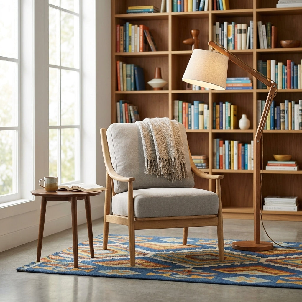 Kinsley Club Chair in Light Linen styled in a bright Portland room - Whats New Furniture