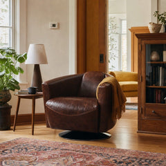 Lannister Swivel Club Chair in Brown styled in Portland Irvington foursquare with original built-ins living room - Whats New Furniture