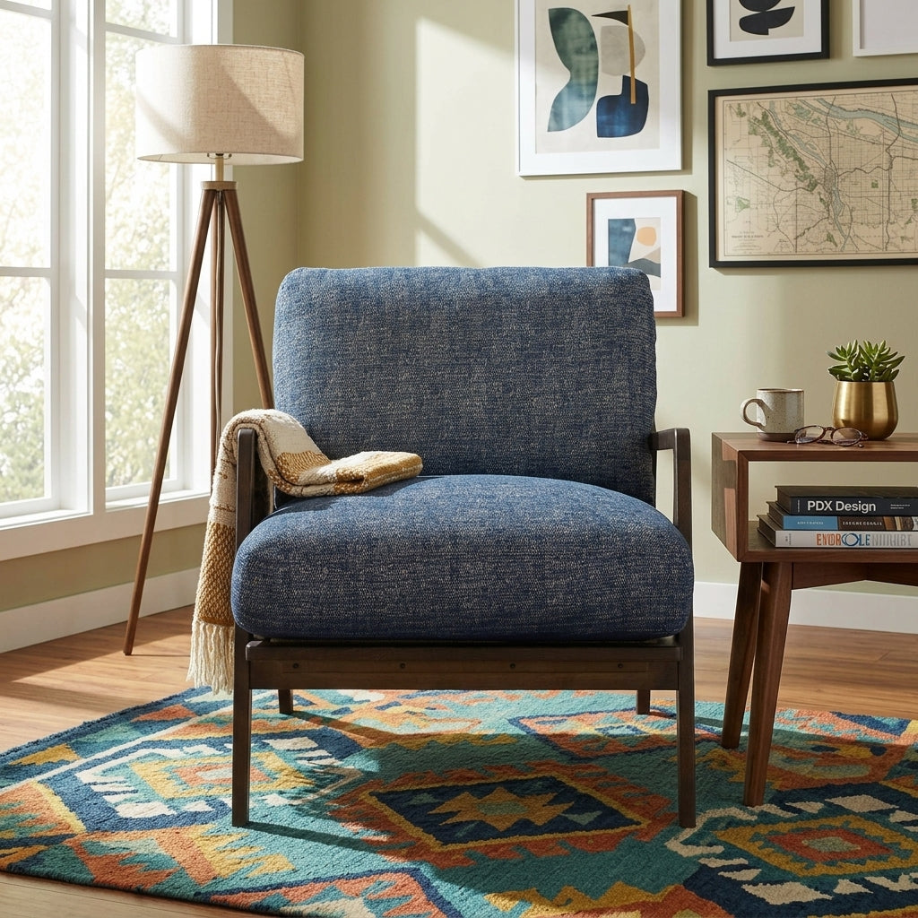 Las Vegas Lawrence Arm Chair in Royal Navy styled in a bright Portland living room - Whats New Furniture