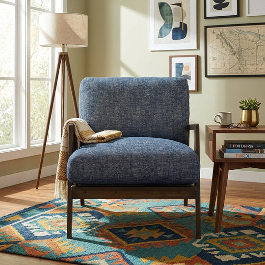 Las Vegas Lawrence Arm Chair in Royal Navy styled in a bright Portland living room - Whats New Furniture
