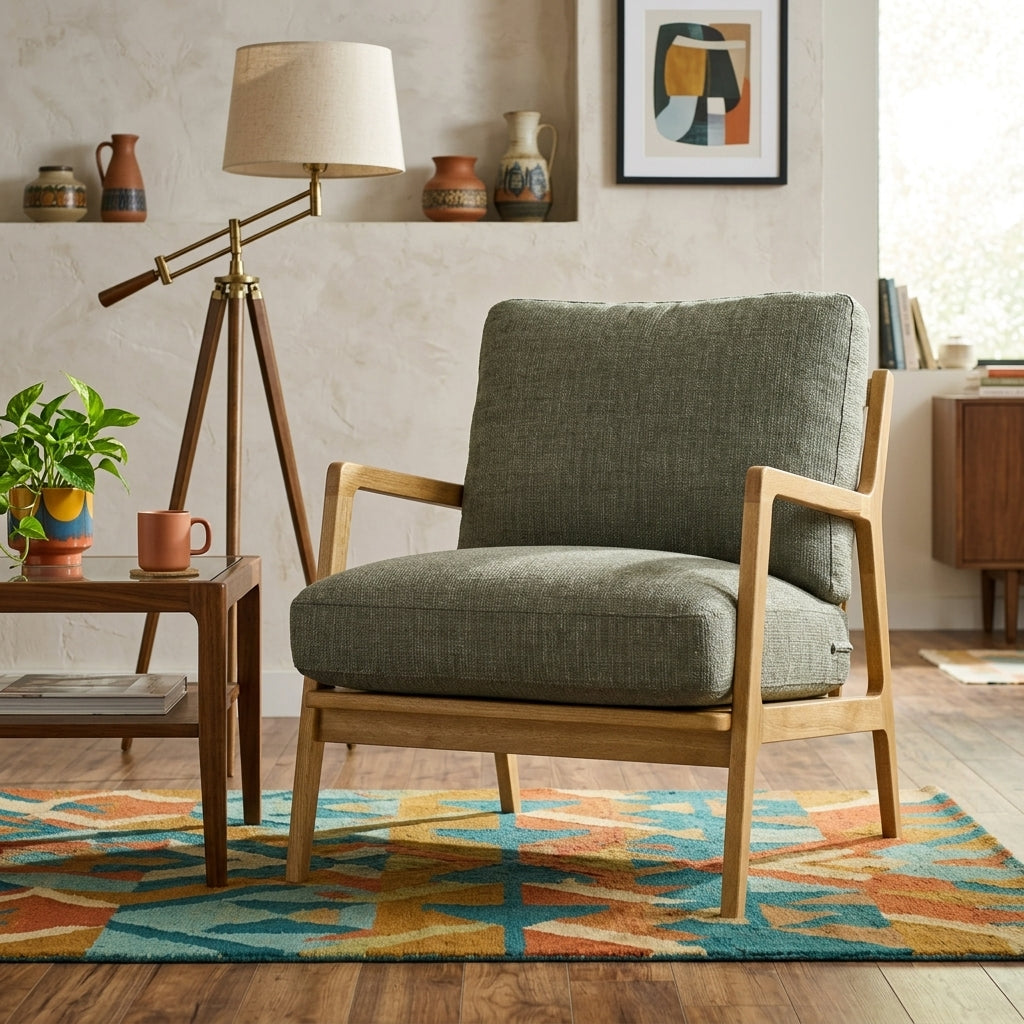 Las Vegas Lawrence Arm Chair in Sage styled in a bright Portland living room - Whats New Furniture