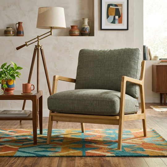 Las Vegas Lawrence Arm Chair in Sage styled in a bright Portland living room - Whats New Furniture