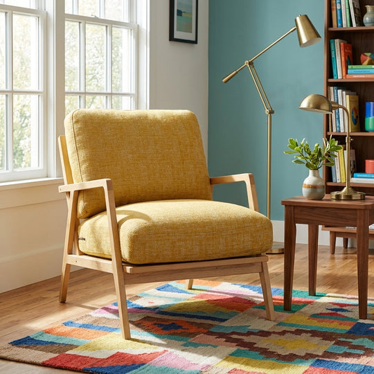 Las Vegas Lawrence Arm Chair in Tuscan Sun styled in a bright Portland living room - Whats New Furniture