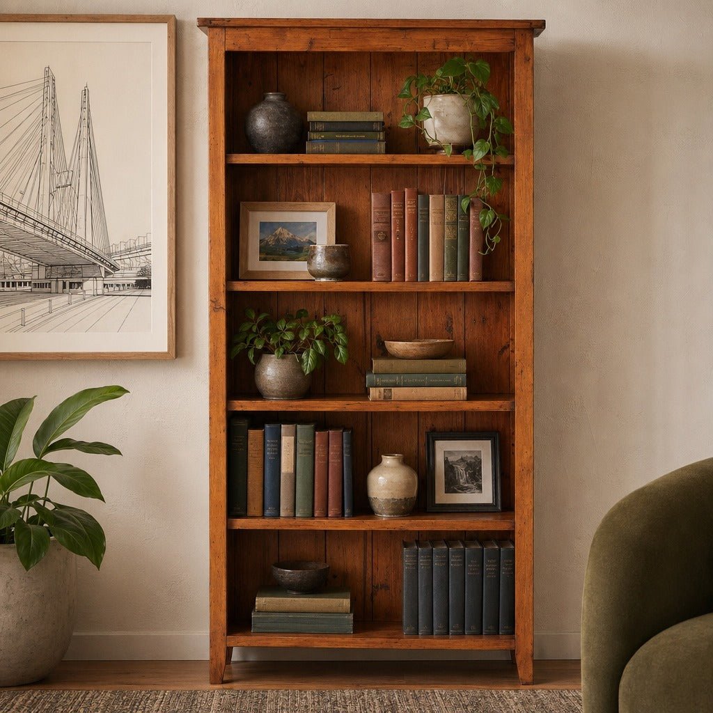 Lifestyle Bookcase styled in a bright mid-century modern Portland home library - Whats New Furniture
