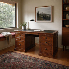Lifestyle Double Desk in African Dusk styled in Portland Mt. Tabor mid-century daylight ranch home office - Whats New Furniture