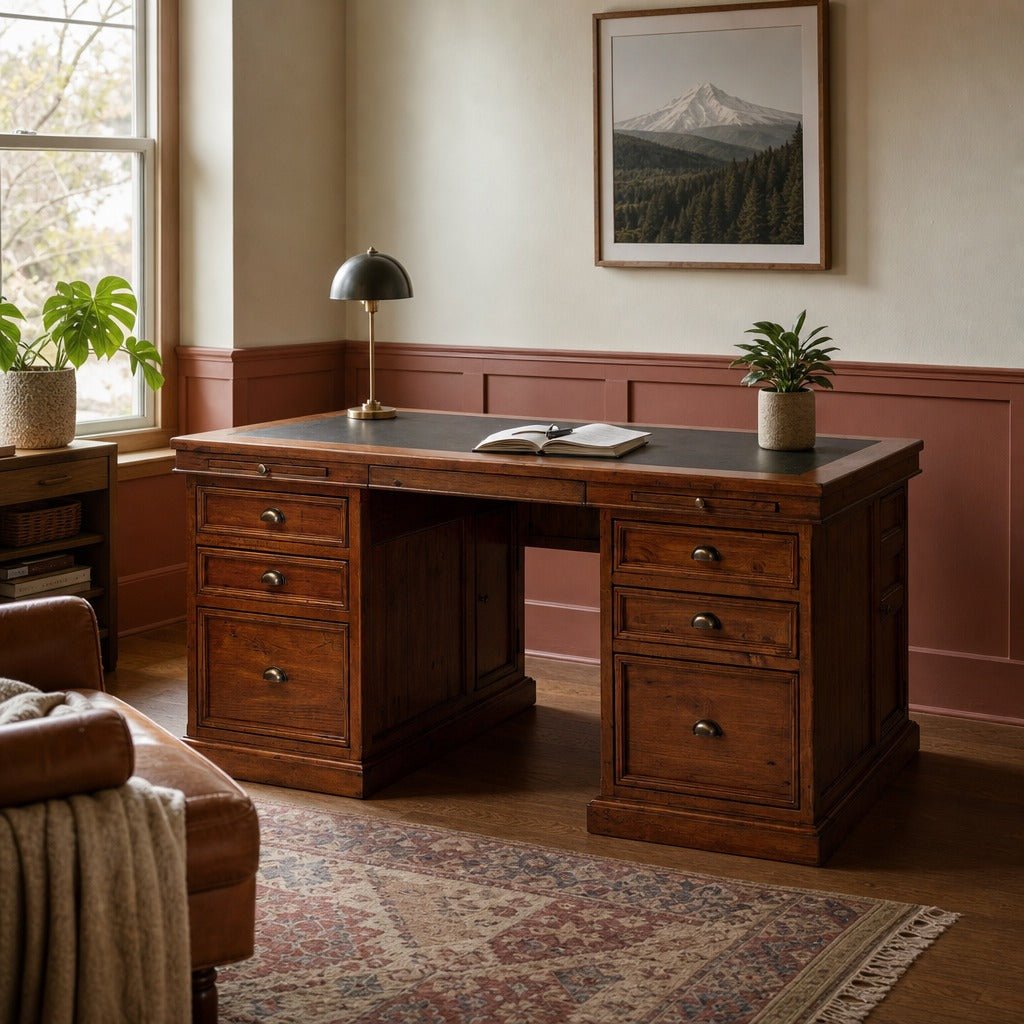 Lifestyle Double Desk in African Dusk styled in Portland Montavillcottage home office - Whats New Furniture