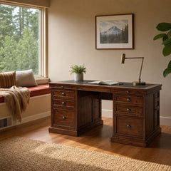 Lifestyle Double Desk in African Dusk styled in Portland Mt. Tabor mid-century daylight ranch home office - Whats New Furniture