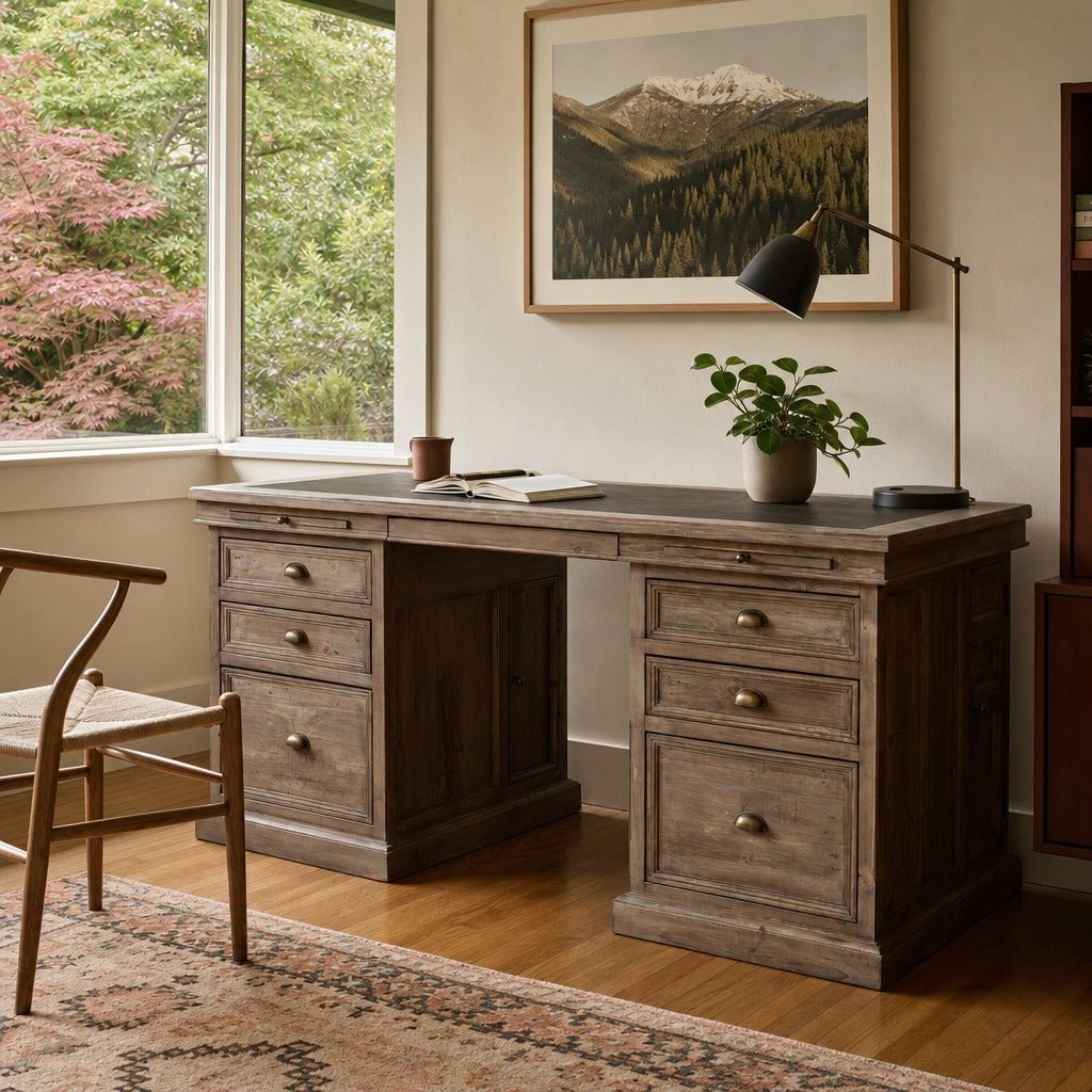 Lifestyle Double Desk in Sundried styled in Portland 1960s Garden Home ranch home office - Whats New Furniture