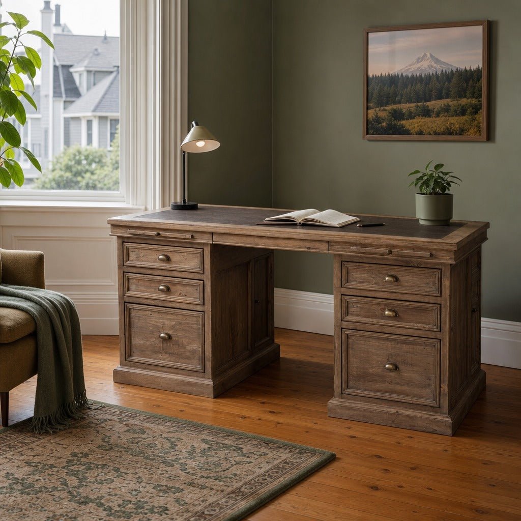 Lifestyle Double Desk in Sundried styled in Portland NW 23rd Victoriwith bay window home office - Whats New Furniture