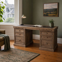 Lifestyle Double Desk in Sundried styled in Portland NW 23rd Victoriwith bay window home office - Whats New Furniture