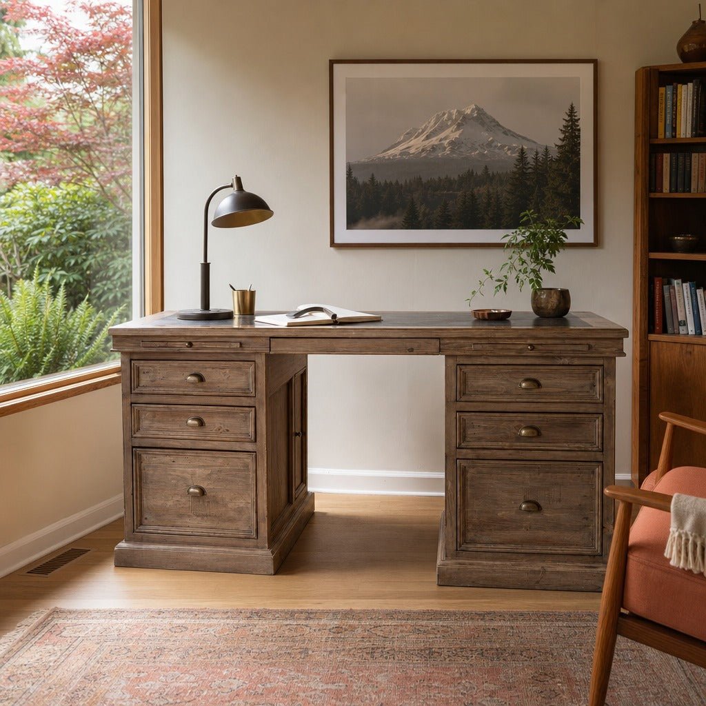 Lifestyle Double Desk in Sundried styled in Portland 1960s Garden Home ranch home office - Whats New Furniture