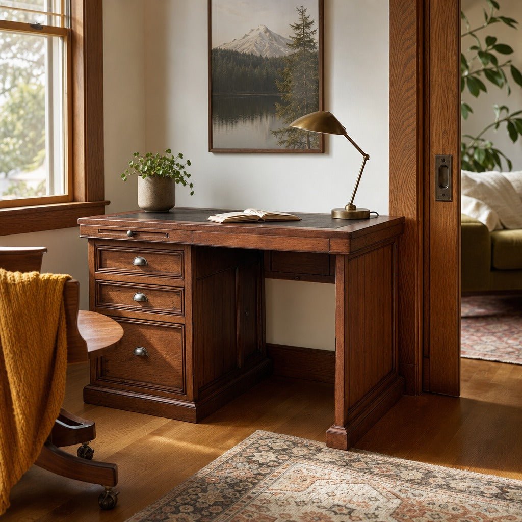 Lifestyle Single Desk in African Dusk styled in Portland Hawthorne Craftsmbungalow home office - Whats New Furniture