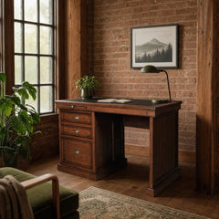 Lifestyle Single Desk in African Dusk styled in Portland converted warehouse flat with warm exposed brick and fir timber beams (no steel, no concrete) home office - Whats New Furniture