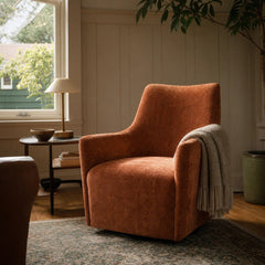 Lilith Swivel Chair in Brick Chenille styled in Portland Sellwood cottage living room - Whats New Furniture