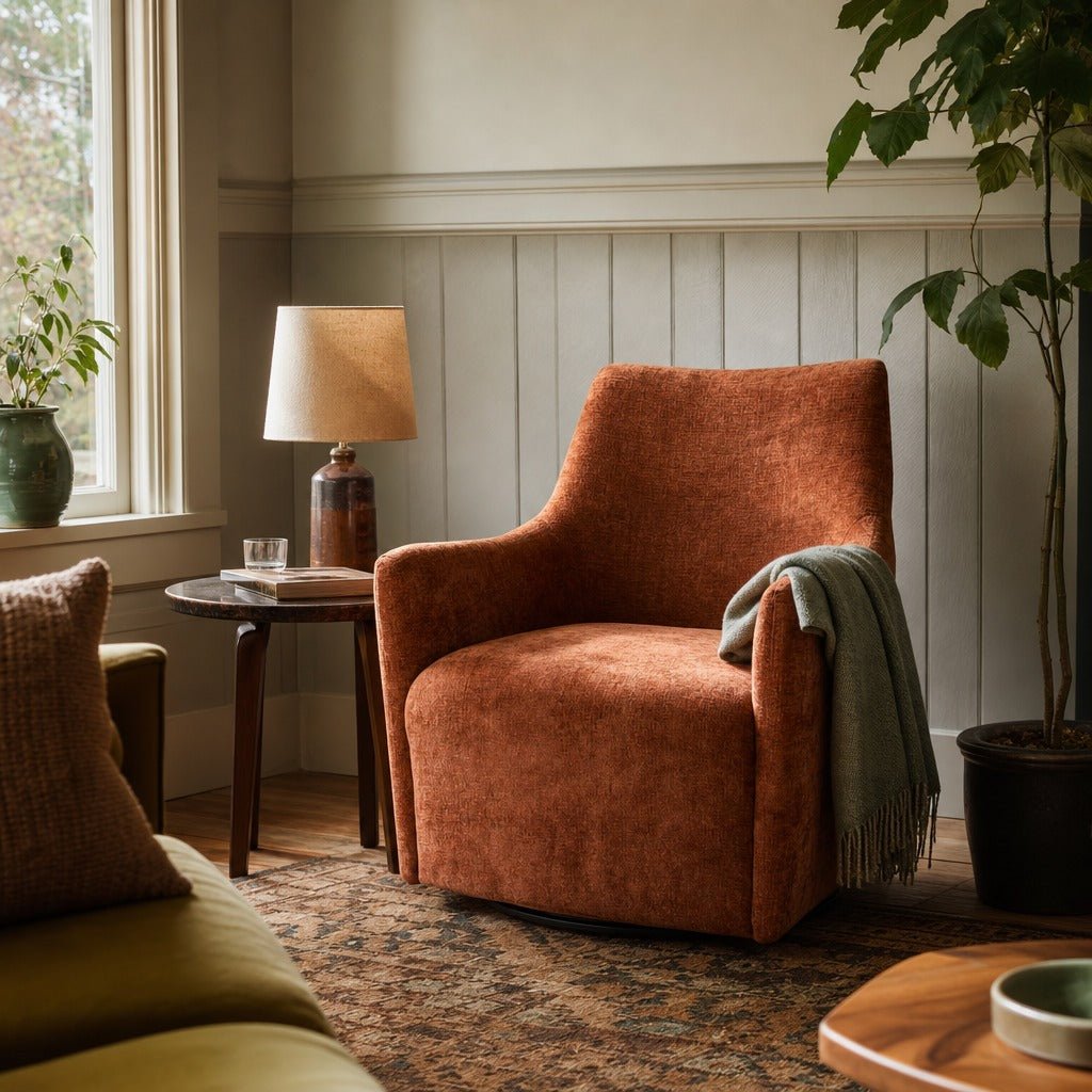 Lilith Swivel Chair in Brick Chenille styled in Portland Sellwood cottage living room - Whats New Furniture
