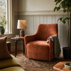 Lilith Swivel Chair in Brick Chenille styled in Portland Sellwood cottage living room - Whats New Furniture