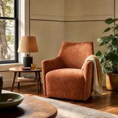 Lilith Swivel Chair in Brick Chenille styled in Portland St. Johns bungalow living room - Whats New Furniture