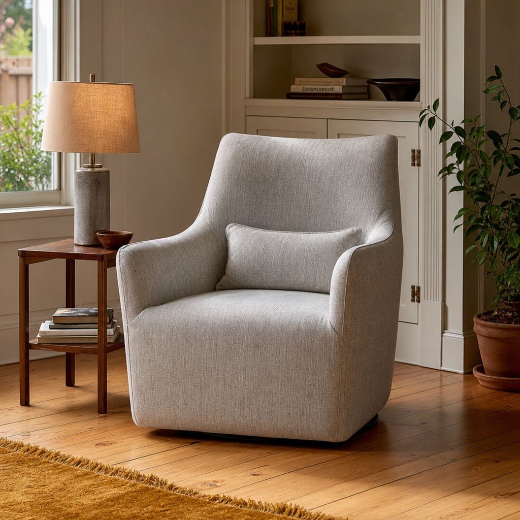 Lilith Swivel Chair in Woven Linen styled in Portland Irvington foursquare with original built-ins living room - Whats New Furniture