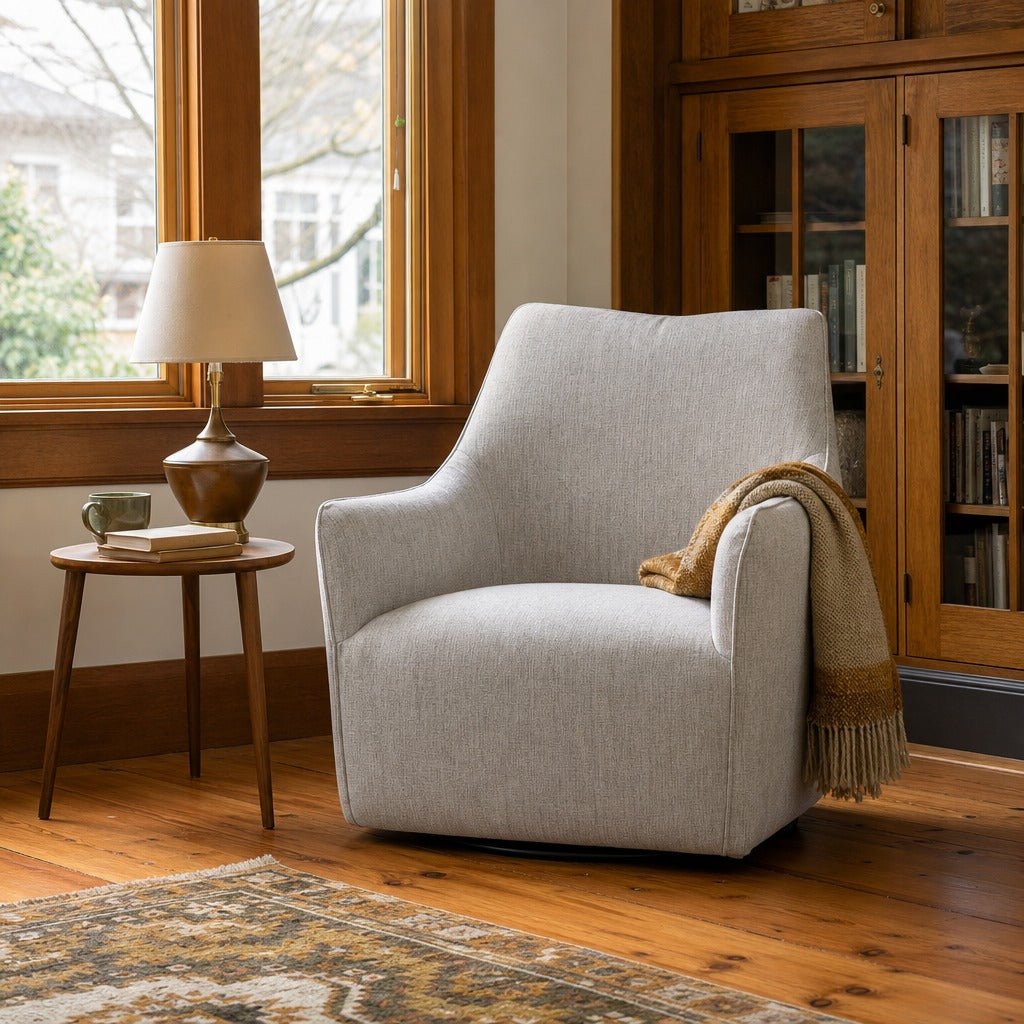 Lilith Swivel Chair in Woven Linen styled in Portland Irvington foursquare with original built-ins living room - Whats New Furniture