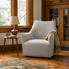 Lilith Swivel Chair in Woven Linen styled in Portland Irvington foursquare with original built-ins living room - Whats New Furniture