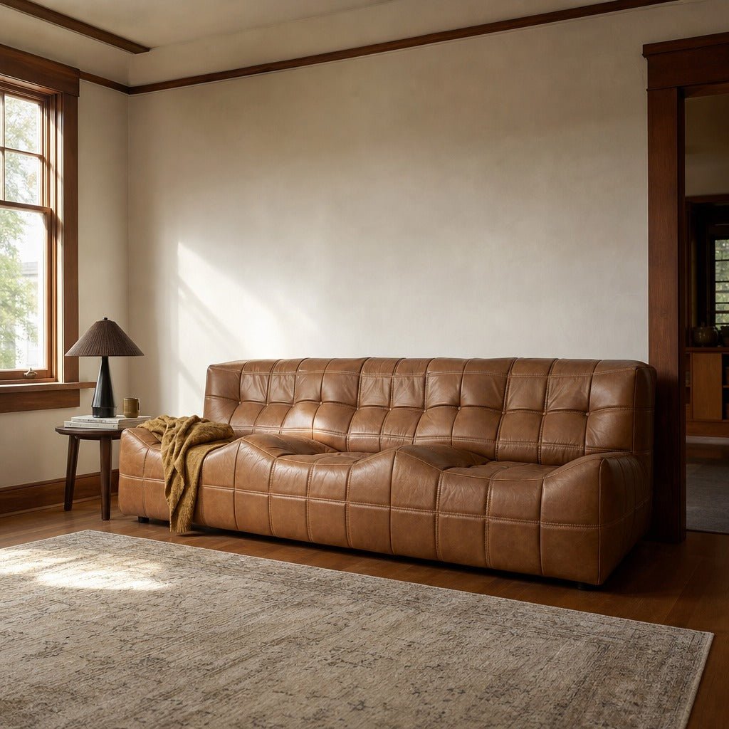 Linear Sofa in Antique Sienna styled in Portland Hawthorne Craftsmbungalow living room - Whats New Furniture