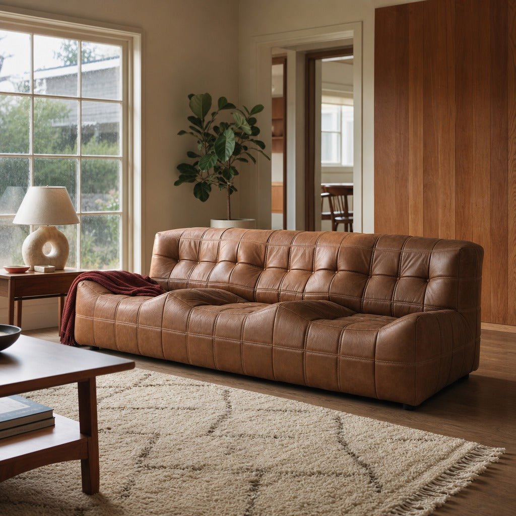 Linear Sofa in Antique Sienna styled in Portland Mt. Tabor mid-century daylight ranch living room - Whats New Furniture