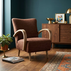 Louis Club Chair in Textured Choco styled in a warm Portland living room - Whats New Furniture