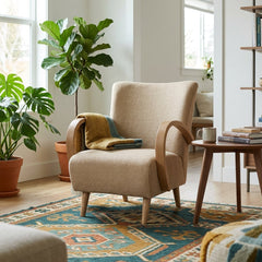 Louis Club Chair in Textured Honey styled in a bright Portland living room - Whats New Furniture