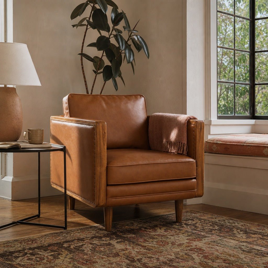Mandalay Club Chair in Vegan Nut styled in Portland Laurelhurst Tudor cottage living room - Whats New Furniture