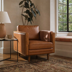 Mandalay Club Chair in Vegan Nut styled in Portland Laurelhurst Tudor cottage living room - Whats New Furniture