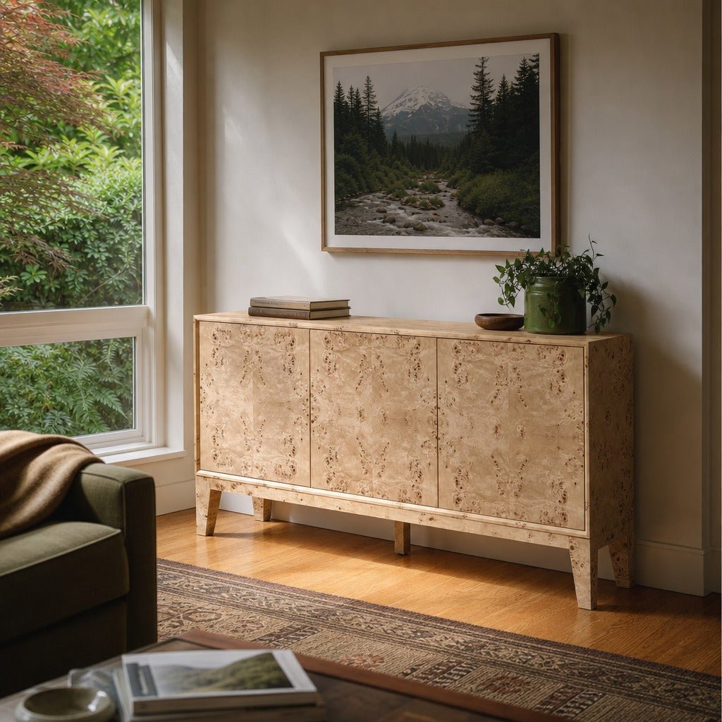 Mappa 3 Door Sideboard in Light Burl styled in Portland Sellwood cottage living room - Whats New Furniture