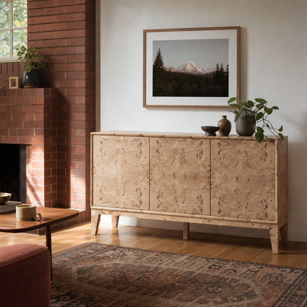 Mappa 3 Door Sideboard in Light Burl styled in Portland Montavillcottage living room - Whats New Furniture