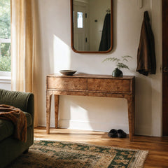 Mappa Console Table in Dark Burl styled in Portland Sellwood cottage living room - Whats New Furniture