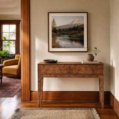 Mappa Console Table in Dark Burl styled in Portland St. Johns bungalow living room - Whats New Furniture