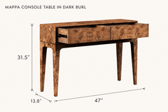 Mappa Console Table in Dark Burl dimensions - What&