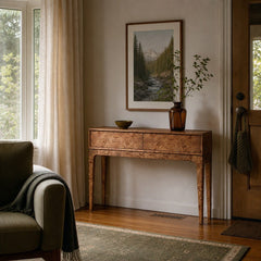 Mappa Console Table in Dark Burl styled in Portland Sellwood cottage living room - Whats New Furniture