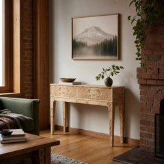 Mappa Console Table in Light Burl styled in Portland converted warehouse flat with warm exposed brick and fir timber beams (no steel, no concrete) living room - Whats New Furniture