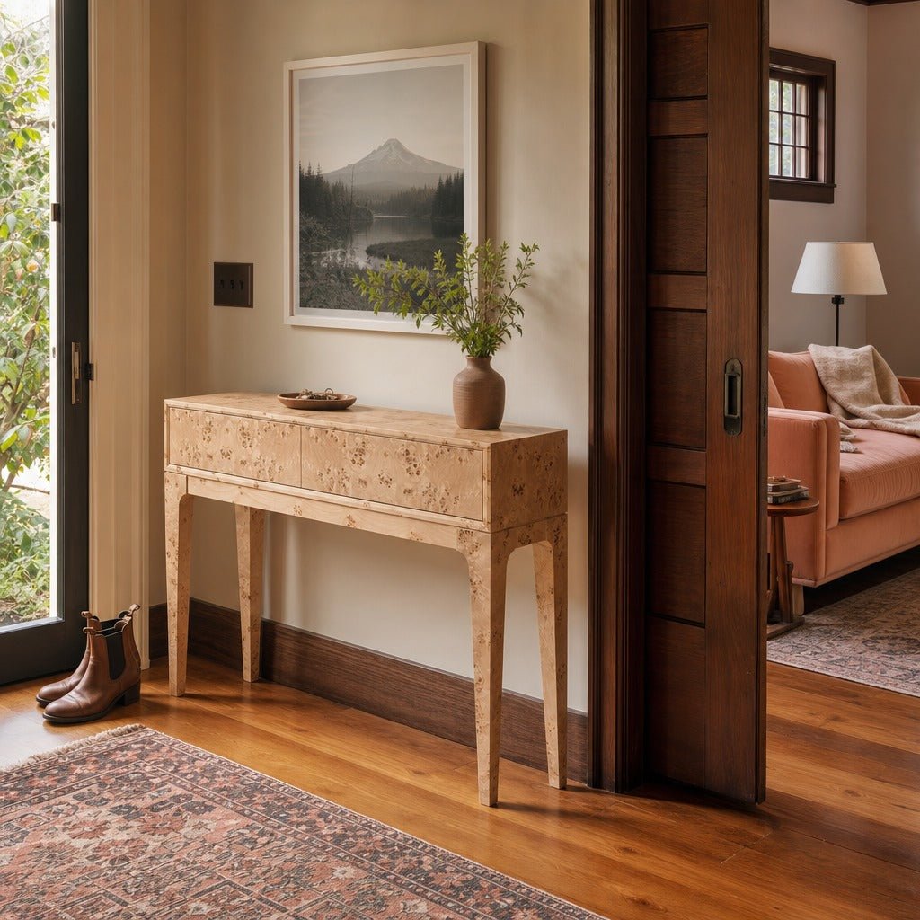 Mappa Console Table in Light Burl styled in Portland Laurelhurst Tudor cottage living room - Whats New Furniture