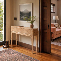 Mappa Console Table in Light Burl styled in Portland Laurelhurst Tudor cottage living room - Whats New Furniture
