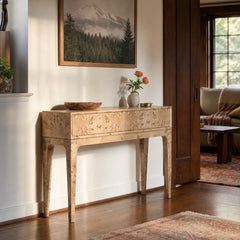 Mappa Console Table in Light Burl styled in Portland Laurelhurst Tudor cottage living room - Whats New Furniture