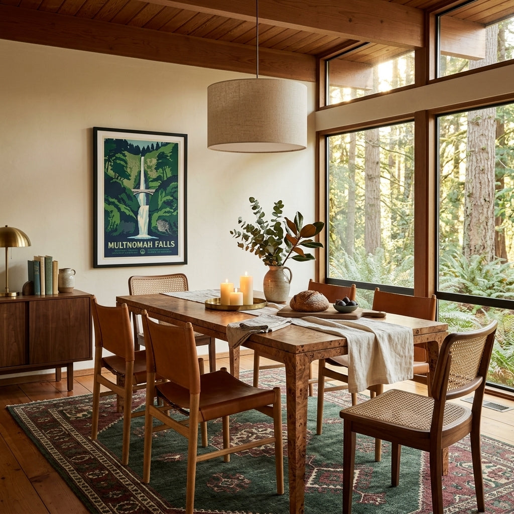 Mappa Dining Table in Dark Burl mango veneer styled in a NW Portland Cedar Hills mid-century post-and-beam home with Multnomah Falls poster - LH Imports - Whats New Furniture Portland OR