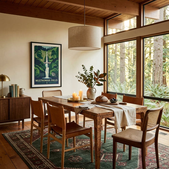 Mappa Dining Table in Dark Burl mango veneer styled in a NW Portland Cedar Hills mid-century post-and-beam home with Multnomah Falls poster - LH Imports - Whats New Furniture Portland OR