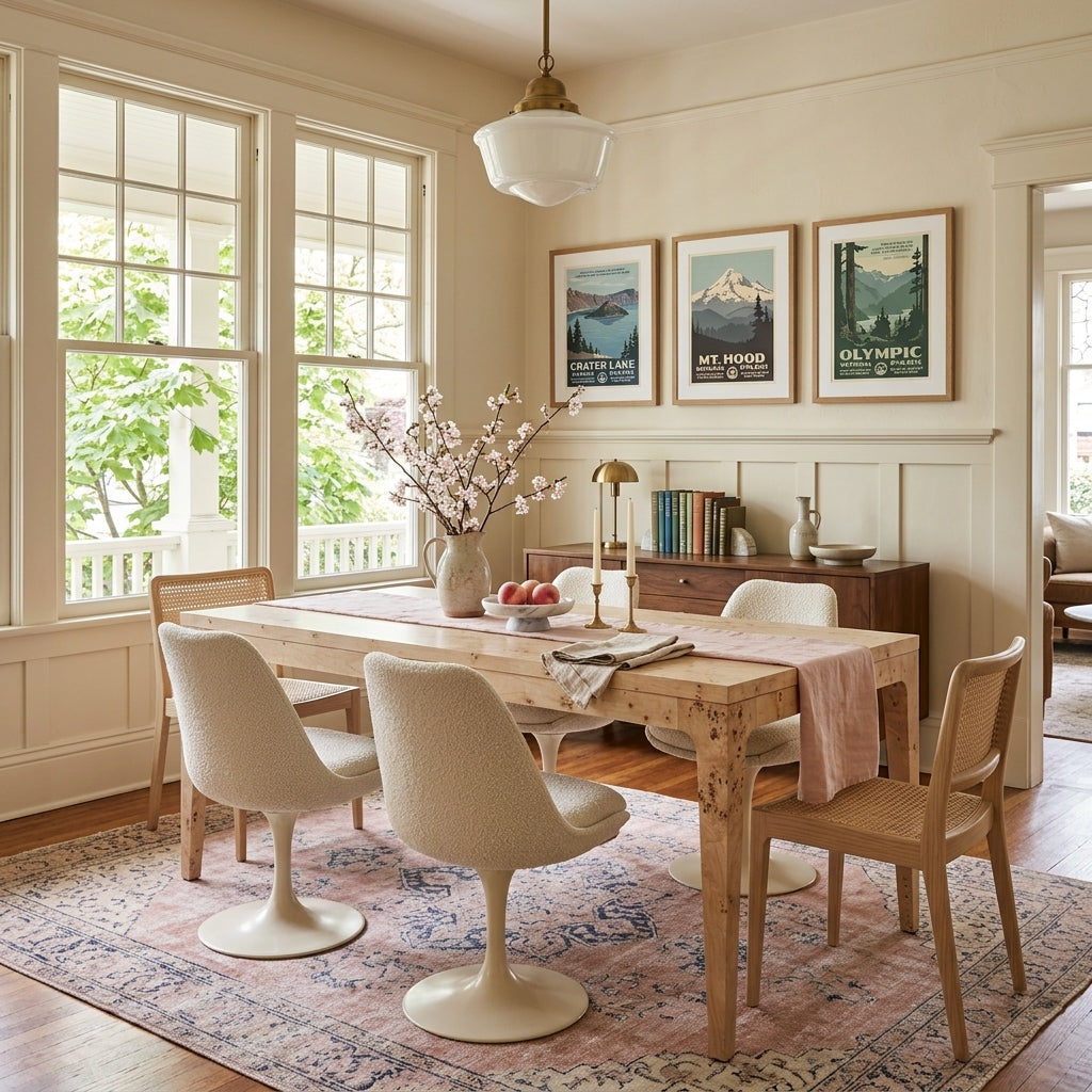 Mappa Dining Table in Light Burl mango veneer styled in an NW Alphabet District restored Victorian dining room with PNW national parks gallery wall - LH Imports - Whats New Furniture Portland OR