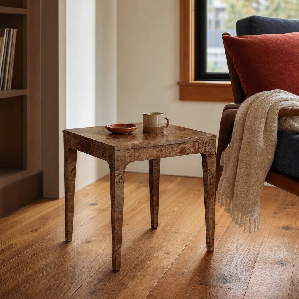 Mappa Side Table in Dark Burl styled in Portland AlbertArts foursquare living room - Whats New Furniture